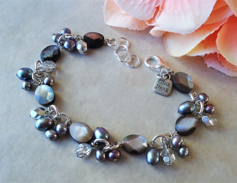 Handmade Mother of Pearls Cluster Bracelet.Peacock freshwater pearls.Crystal.Smoky Black.Sterling Silver plated.Beadwork.Bridal.Formal.Gift
