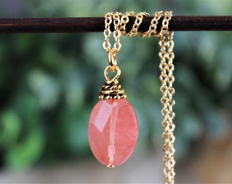 Pink Cherry Quartz Gemstone Pendant Necklace.Gold.Chain.Statement.Silver.Bridal.Bridesmaid.Bohemian.Layering.Healing Stone.Gift.Handmade.