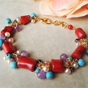 Multi Gemstone Cluster Bracelet: Red Coral, Blue Turquoise, Amethyst, Freshwater Pearl, Statement Jewelry, Handmade
