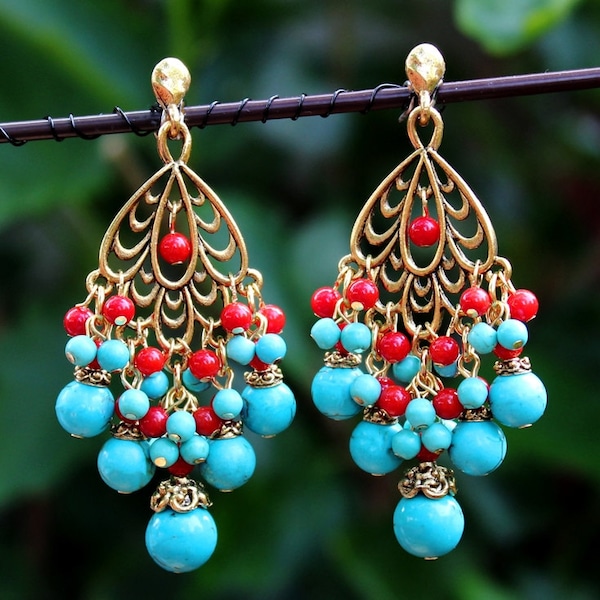 Turquoise Chandelier Earrings Red Coral Natural Stones Metal Plated in 24K Gold Statement Dangle Earrings Cluster Earrings Bridal Handmade