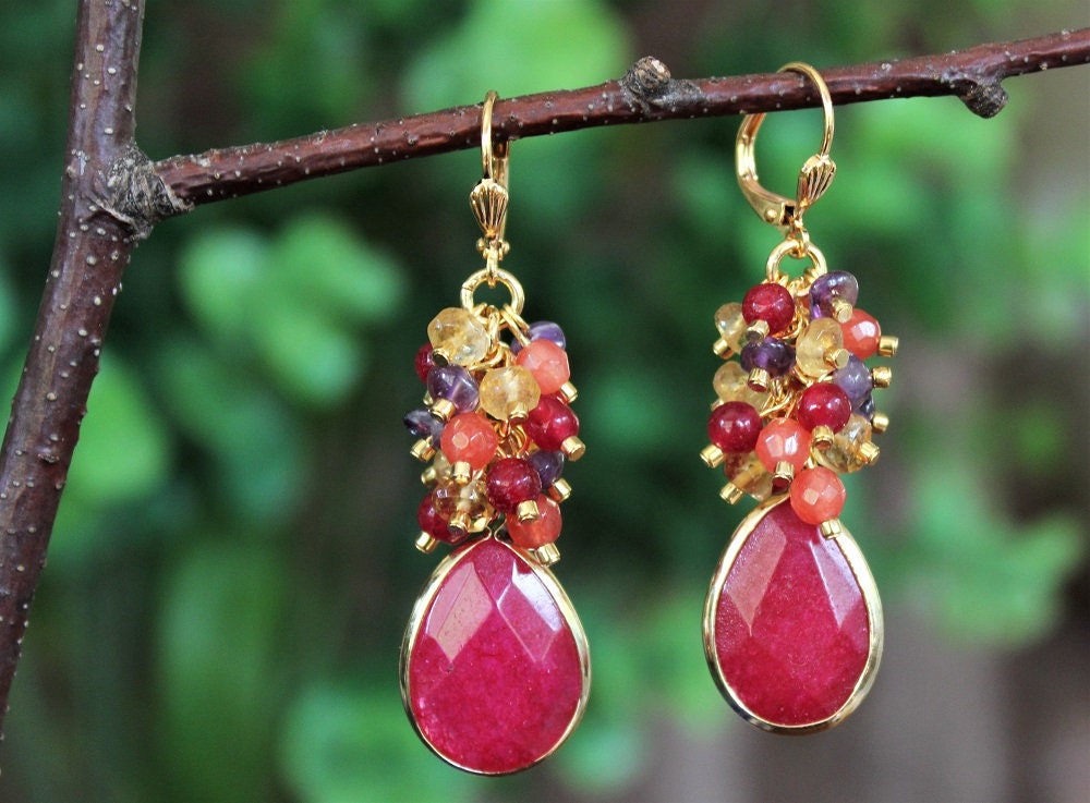 Multi Gemstone Cer Earrings Ruby Red Jade Yellow Zoom