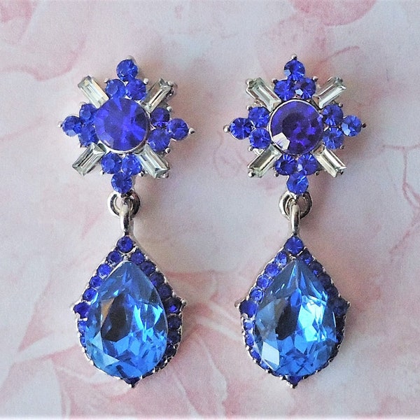 Blue Sapphire Crystal Dangle Earrings Jeweled Statement Bridal Wedding Formal Bridesmaid Formal Valentine Cluster Post Earrings Handmade