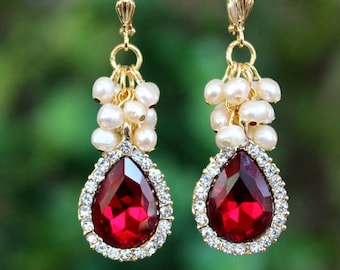 Garnet Cluster Earrings Freshwater Pearl Jeweled Red Ruby Statement Bridal Wedding Formal Long Earrings Vintage Luxury Bold Gift Handmade