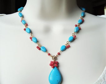 Turquoise Stone Pendant Necklace Red Coral Cluster Blue Beaded Gold Silver Lariat Statement Bridal Chunky Multi Gemstone Formal Handmade