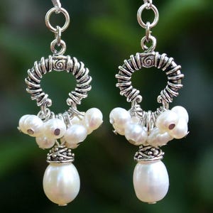 Freshwater Pearl Dangle Earrings, Cluster Earring, Pearl Drop, Silver, Statement, Hoop Earrings, Bridal, Formal, Gift, Handmade