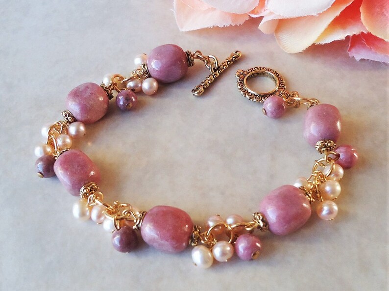 Pink Rhodochrosite Stone Cluster Bracelet.Freshwater Pearl.Toggle.Gold.Silver.Beadwork.Bridal.Statement.Chunky.Gemstone.Wedding.Handmade.