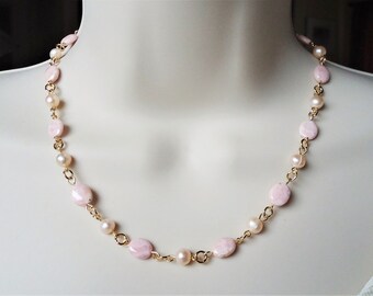 Pink Rhodochrosite Gemstone Necklace.Freshwater Pearl.Beaded.Gold.Silver.Bridal.Statement.Ivory.White.Choker.Healing Stone.Gift.Handmade.