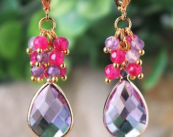 Amethyst & Pink Jade Edelstein Ohrringe: Statement Brautschmuck, handgemacht