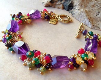 Amethyst Gemstone Cluster Bracelet, Multi Gemstones, Citrine, Garnet, Quartz, Jade, Wedding, Bridal, Statement, Formal, Gift, Handmade