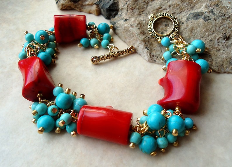 Multi Gemstones Cluster Bracelet.Red Coral.Blue Turquoise Stone.24k Gold plated.Beadwork.Bridal.Chunky.Colorful.Statement.Toggle.Handmade.