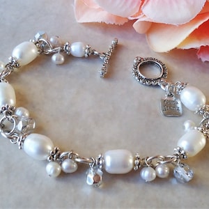White Pearl Cluster Bracelet Crystal Wedding Toggle Silver Beadwork Bridal Statement Mother&#39;s Valentine Holiday Formal Gift Handmade