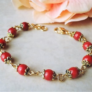 Red Coral Gemstone Bracelet: Bridal Statement Jewelry, Gift, Handmade
