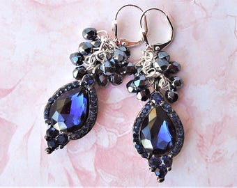 Navy Blue Crystal Rhinestone Teardrop Earrings: Bridal Statement Jewelry, Gift, Handmade