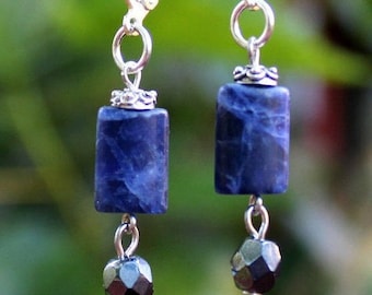 Lapis Stone Dangle Earrings Blue Metal Silver Gold Gemstone Crystal Drop Bridal Birthday Gift Black Statement Handmade