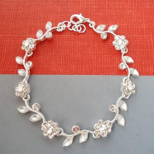 Crystal Rhinestone Bridal Bracelet: Silver Floral Statement Jewelry, Handmade