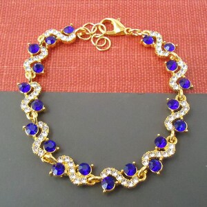Pulsera de diamantes de imitación de cristal de zafiro azul: pulsera de tenis dorada, joyería nupcial, regalo, hecha a mano