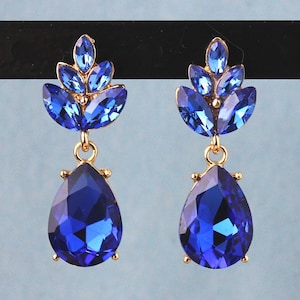 Blue Sapphire Swarovski Crystal Rhinestone Dangle Post Earrings: Bridal Statement Jewelry, Gift, Handmade