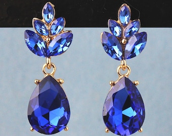Blue Sapphire Swarovski Crystal Rhinestone Dangle Post Earrings: Bridal Statement Jewelry, Gift, Handmade
