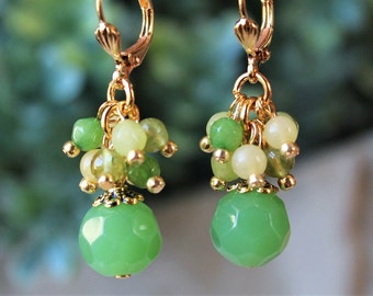 Green Quartz Gemstone Cluster Earrings Yellow Jade Gold Silver Dangle Drop Bridal Bridesmaid Statement Gift Handmade