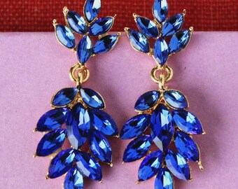 Blue Sapphire Crystal Cluster Post Earrings, Jeweled Bridal Statement Jewelry, Gift, Handmade