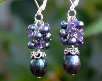 Baroque Black Pearl.Multi Gemstones.Cluster Earrings.Silver.Gold.Drop.Dangle Earring.Bridal.Statement.Amethyst.Purple.Formal.Gift.Handmade.
