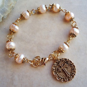 Cross Charm Bracelet Pearls Metal Plate in 24 Karat Gold Silver Beadwork Statement Religious Spiritual Confirmation Bridal Gift Handmade