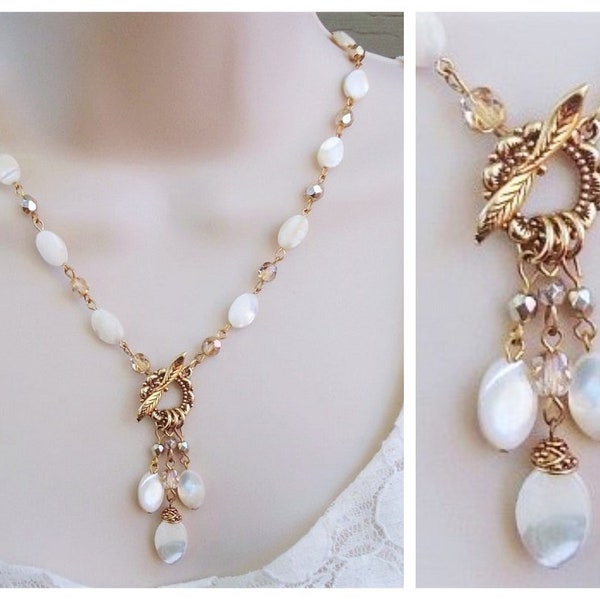 Mother of Pearl Necklace Crystal Beaded Lariat Toggle Silver Gold Pendant White Statement Bridal Bridesmaid MOP Shell Formal Gift Handmade