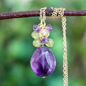Amethyst Stone Pendant Necklace Multi Gemstone Sterling Silver Gold Chain Healing Cluster Necklace Amethyst Peridot Citrine Bridal Handmade