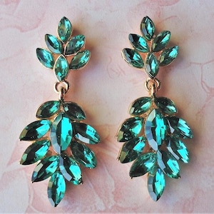 Emerald Green Crystal Dangle Earrings, Swarovski Crystal, Jeweled, Gold, Statement, Bridal, Rhinestone,  Post Earrings, Gift, Handmade
