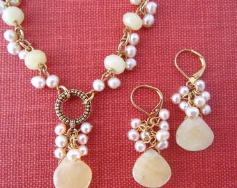 Yellow Calcite Gemstone Pendant Necklace & Pearl Cluster Earrings Set, Bridal Statement Jewelry, Gift, Handmade