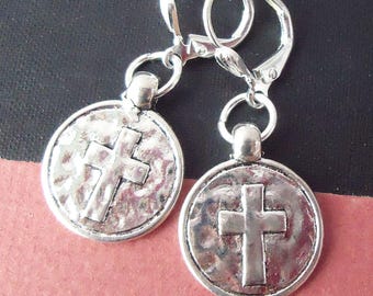 Hammered Silver Cross Dangle Earrings: Christian Religious Jewelry, Handmade