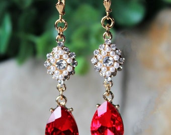 Red Garnet Crystal Cluster Earrings Swarovski Dangle Pearls Jeweled Gold Statement Bridal Wedding Formal Long Gemstone Ruby Gift Handmade