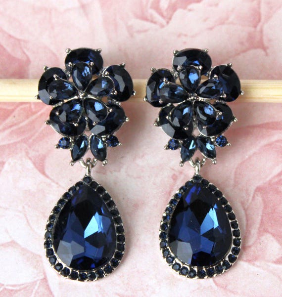 Boucles D’oreilles Fantaisie Clips – Cristal Bleu Saphir – Alliage – Occasion Bon état