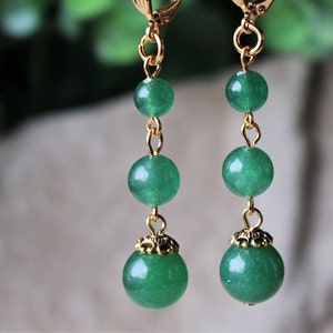 Emerald Green Jade Dangle Earrings, Gemstones, Gold, Silver, Triple Drop, Bridal, Valentine, Bridal, Long Earrings, Formal, Gift, Handmade