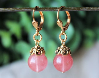 Cherry Quartz Gemstone Dangle Earrings Gold Silver Drop Bridal Bridesmaid Statement Pink Peach Valentine Pastel Formal Gift Handmade