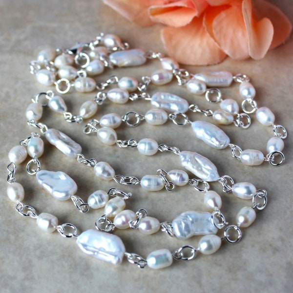 Long Necklace Biwa Baroque Freshwater Pearl Wedding Lariat Statement Double Strand Choker Bridal White Organic Layering Gift Handmade.