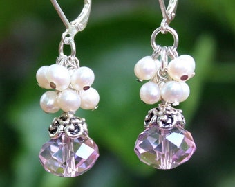 Pink Crystal Cluster Earrings White Freshwater Pearls Silver Gold Dangle Drop Bridal Mother's Birthday Gift Handmade