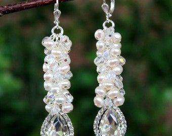 Bridal Cluster Earrings White Pearls Swarovski Crystal Jeweled Silver Statement Wedding Formal Long Earrings Bold Luxury Gift Handmade