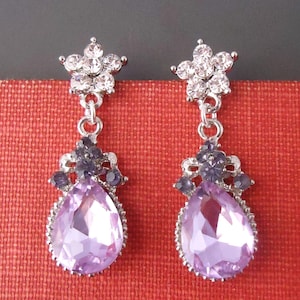 Amethyst Crystal Dangle Post Earrings: Jeweled Lavender Rhinestone Statement Earrings, Handmade