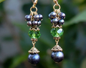 Baroque Black Pearl Multi Gemstones Cluster Earrings Emerald Green Crystal Dangle Earring Gold Silver Statement Bridal Handmade