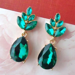 Emerald Green Dangle Earrings, Swarovski Crystal, Jeweled, Gold, Statement, Bridal, Rhinestone, Formal,  Post Earrings, Gift, Handmade