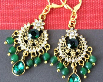 Emerald Green Jade Gemstone Chandelier Earrings, Gold Crystal Rhinestone Dangle, Statement Jewelry, Gift, Handmade