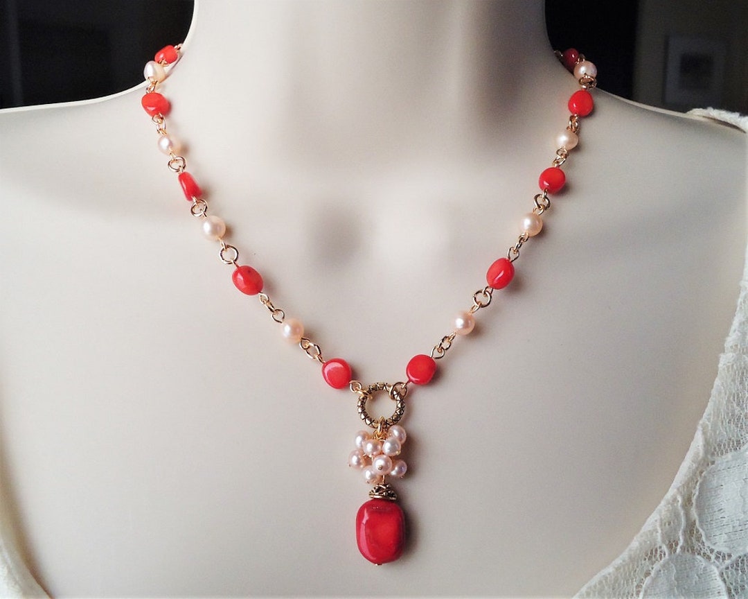 Red Coral Stone Pendant Necklace.freshwater - Etsy