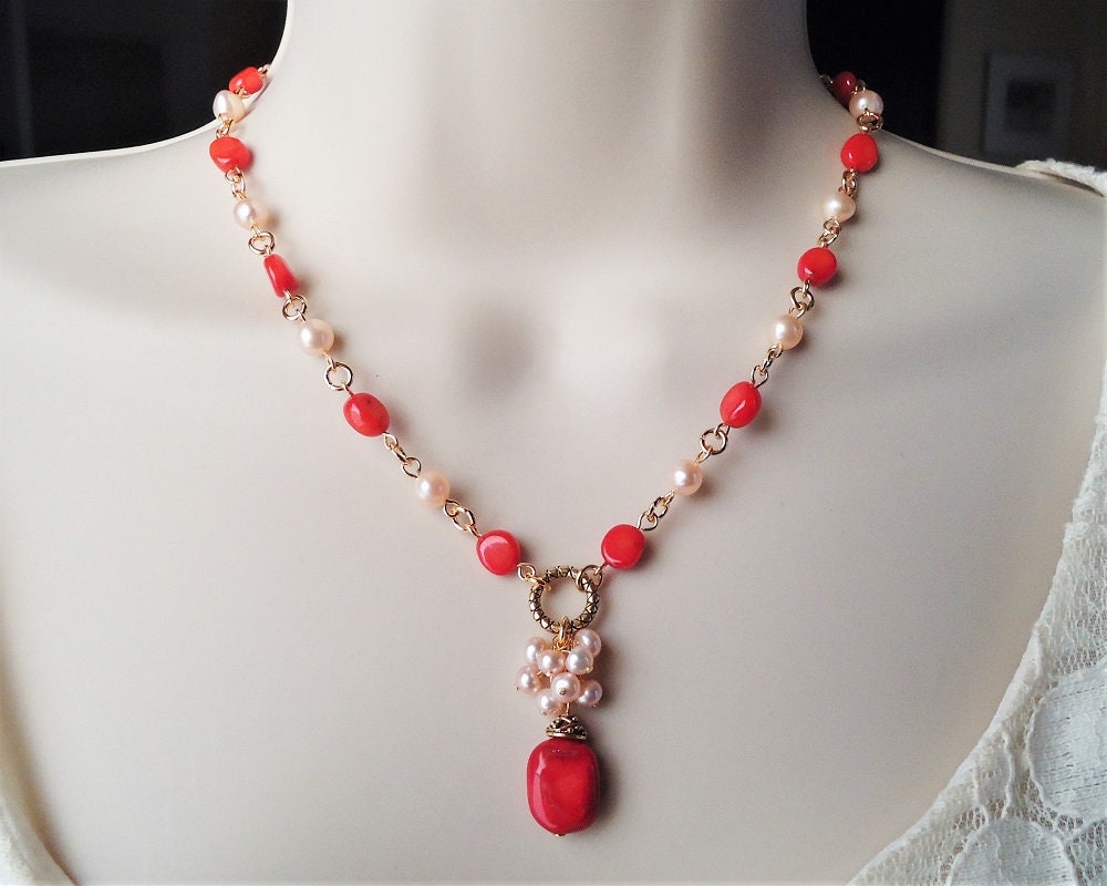 Red Coral Stone Pendant Necklace Freshwater Pearls Gemstone Beaded