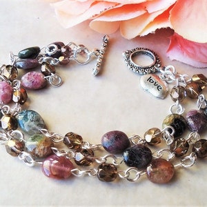 Tourmaline Gemstone Bracelet, Triple strand, Gold, Silver, Multi Strand, Toggle, Pink, Green, Bridal, Chunky, Formal, Gift, Handmade