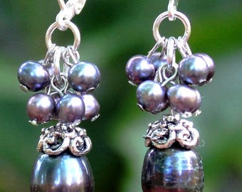 Baroque Black Pearl Cluster Earrings: Peacock Earrings, Handmade