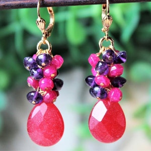 Multi Gemstone Dangle Earrings: Ruby Red Jade, Purple Amethyst, Gold Cluster Statement Jewelry, Handmade