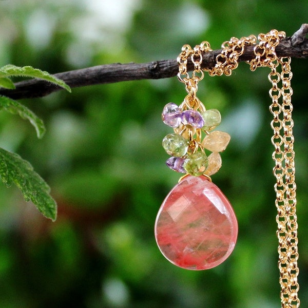 Cherry Quartz Pendant Necklace Multi Gemstone 14K Gold Filled Chain Dainty Bridal Amethyst Peridot Citrine Cluster Necklace Gift Handmade