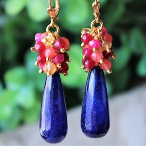 Navy Blue Jade Edelstein Cluster Ohrringe, Citrin, Rubinrot Jade, Statement Schmuck, handgemacht