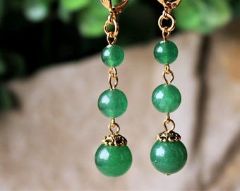 Emerald Green Jade Gemstone Dangle Earrings: Gold & Silver Triple Drop, Statement Jewelry, Gift, Handmade